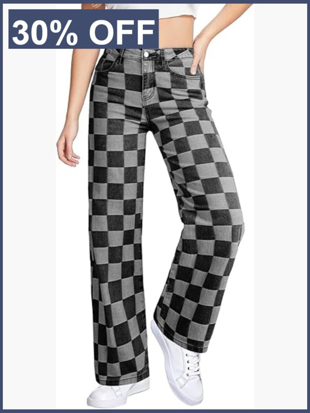 High Waisted Wide Leg Checkered Jeans Stretchy Straight Leg Denim Pants